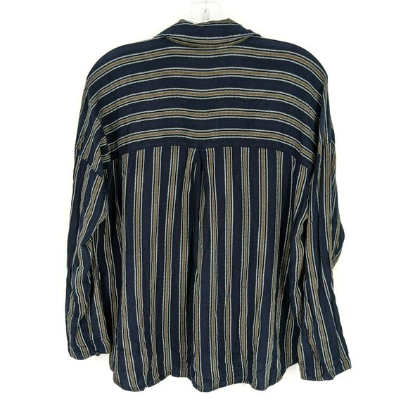 BP Nordstrom Button Front Blouse S Navy Mustard Striped Long Sleeve Patch Pocket - Picture 8 of 14